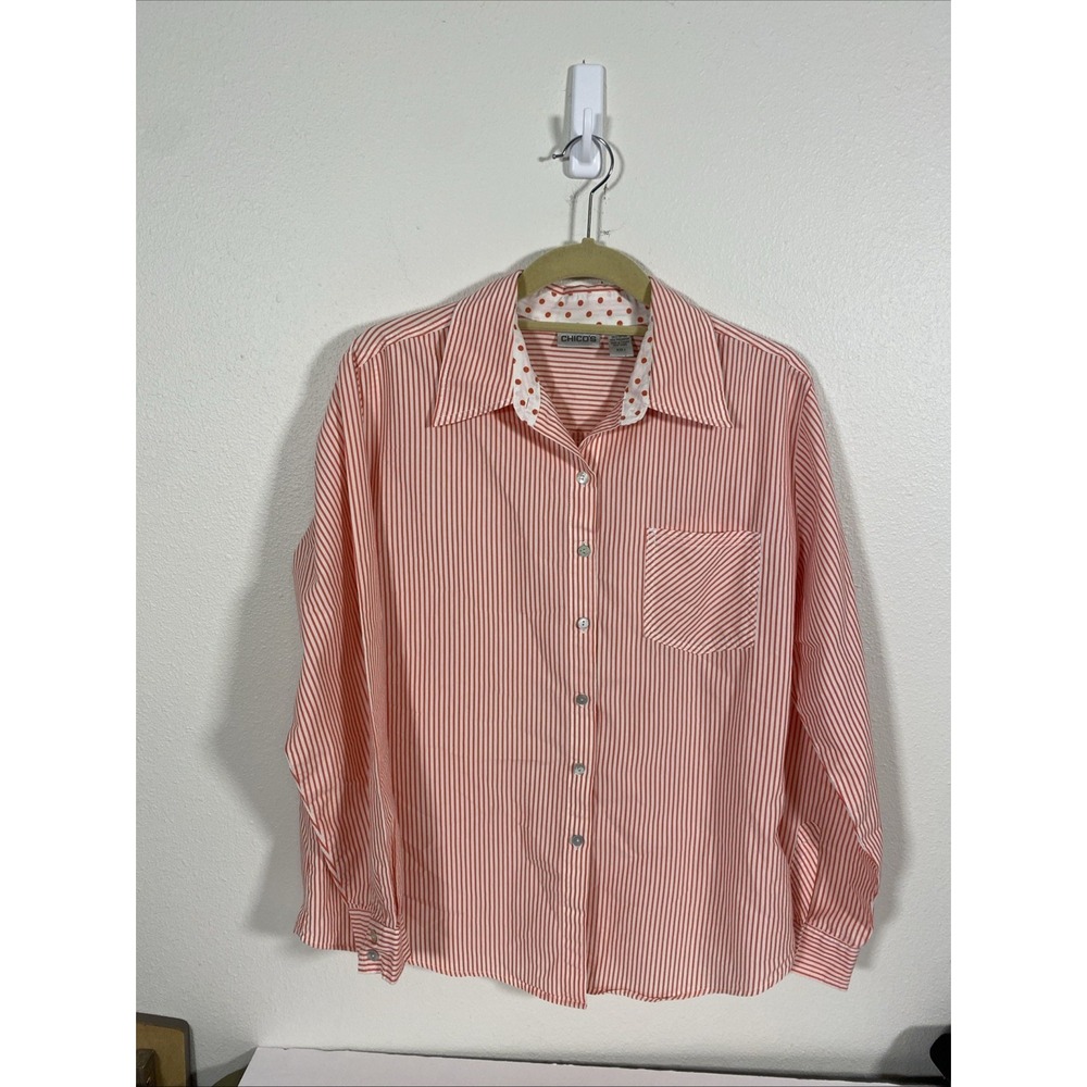 Chico's Orange Strip Button-up Shirt Size 1 (US 8/M) L/S Y1